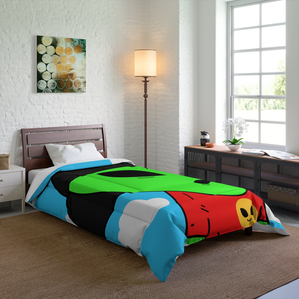 Green Alien Large V Mouth Black Cap Red Visi T Shirt Visitor Bed Comforter