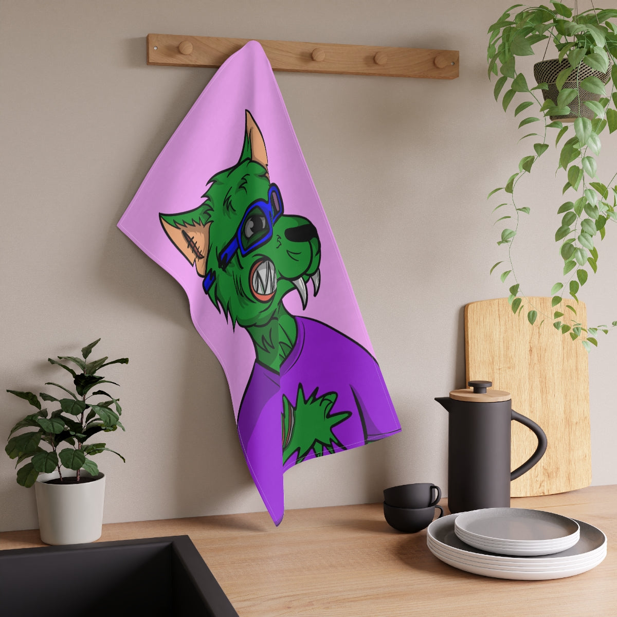 Wolf Green Fur Cyborg Wolve Glasses Purple Shirt Sci fi Tea Kitchen Towel