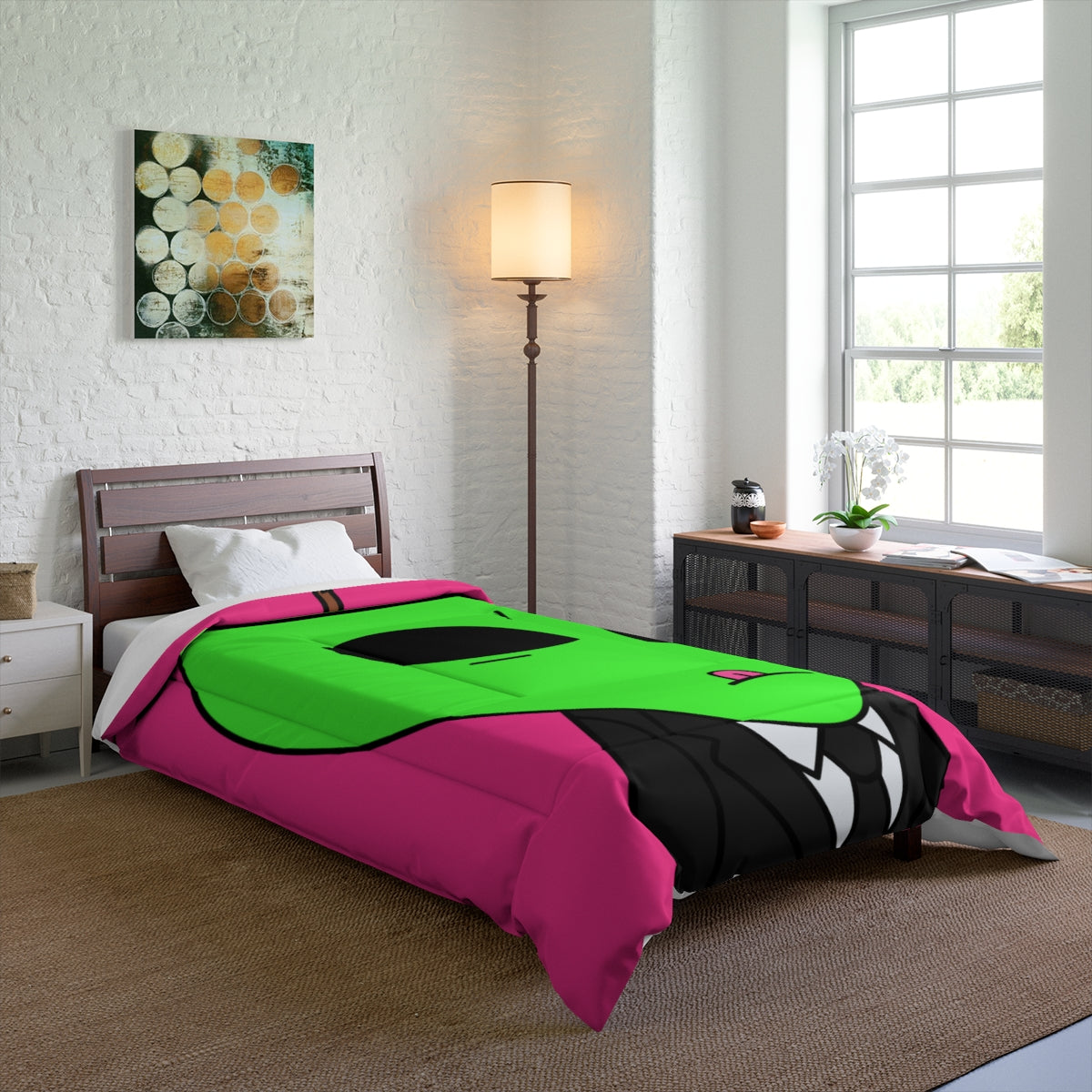 Green Apple Head Tongue Out Black Business Suit Visitor Bed Comforter