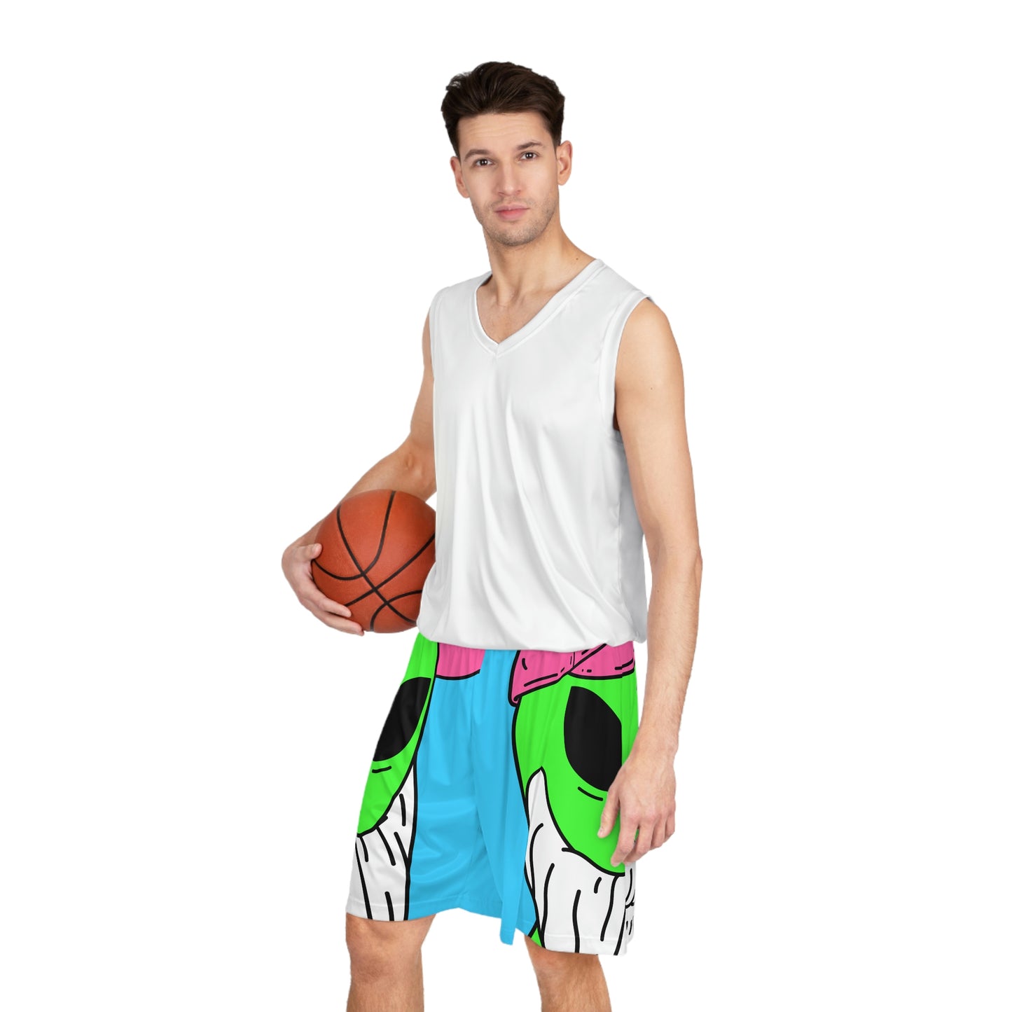 Beard Visitor Pink Hat Alien Cartoon Basketball Shorts (AOP)