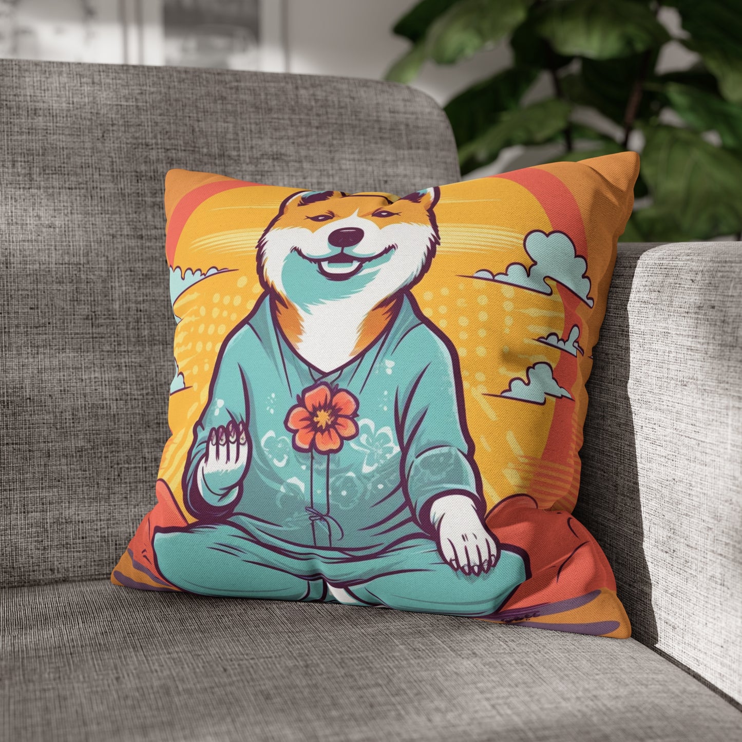 Shiba Inu Yoga Crypto Dog Namaste japonés: funda de almohada cuadrada de poliéster hilado 