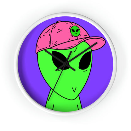 Green Alien V Face Pink Visi hat Visitor Wall clock