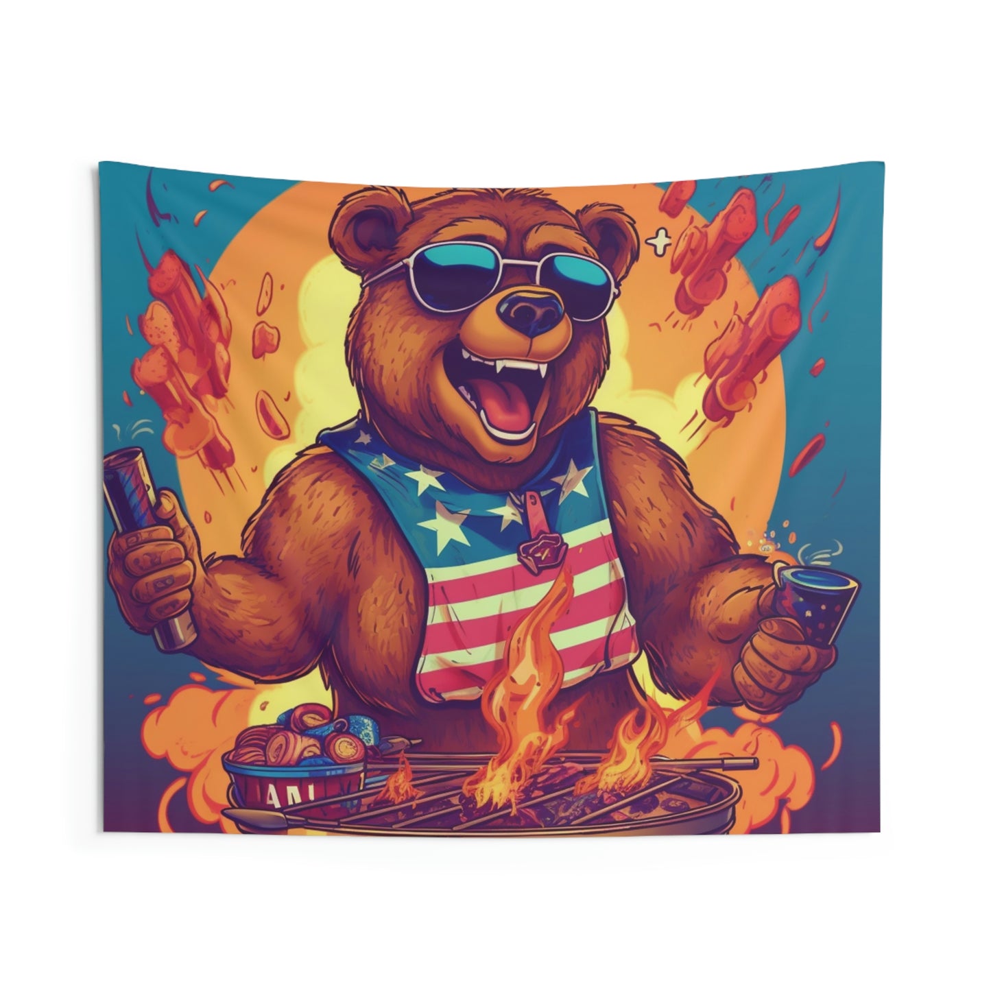 Grill Like a Patriot: Celebrate 4th of July with Patriotic Bear's Culinary Chef Indoor Wall Tapestries