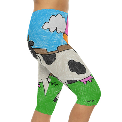 Leggings capri para mujer con personaje animal de granero de granja de vaca Moo (AOP) 