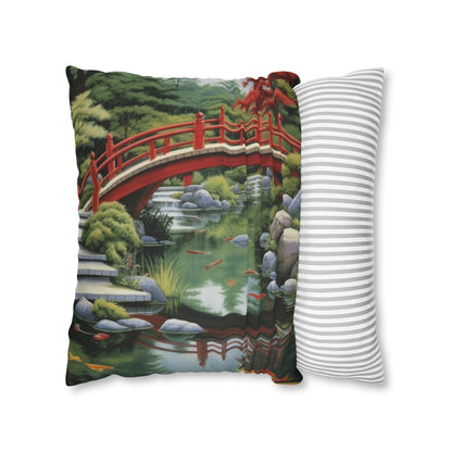 Japanese Garden Art - Tranquil Koi Pond Red Bridge Spun Polyester Square Pillow Case