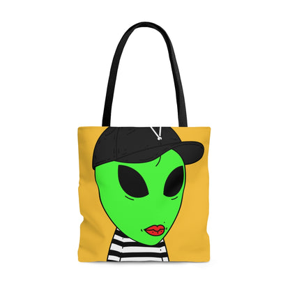 Black Striped Shirt Visitor Green Alien Black Cap V Lipstick AOP Tote Bag