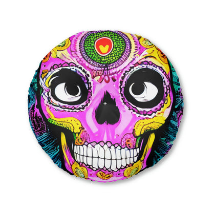 Trippy psychedelic Skull Skeleton Head Face Tufted Floor Pillow, Round