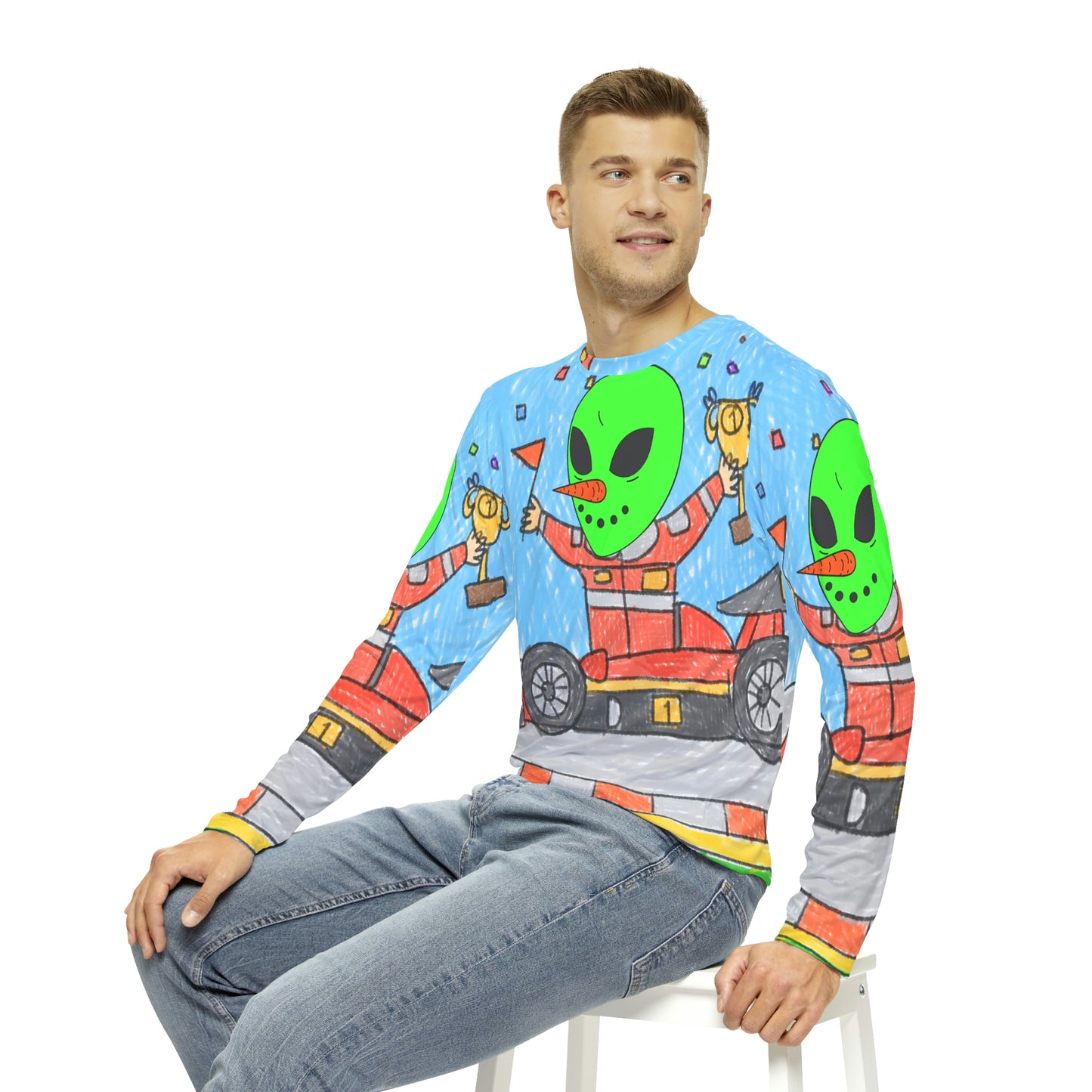 Racer Car Driver Alien Veggie Visi the Vegetable Visitor Men's Long Sleeve AOP Shirt