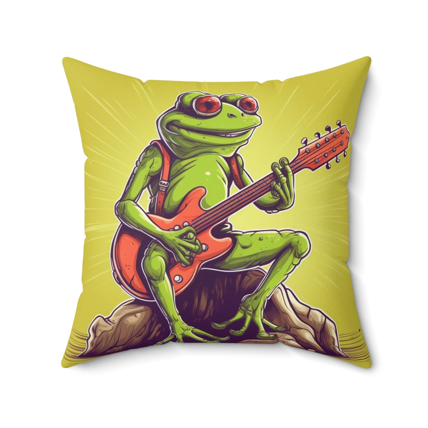 Rock Star Frog ontop Log Guitarist Graphic Instrumental Spun Polyester Square Pillow