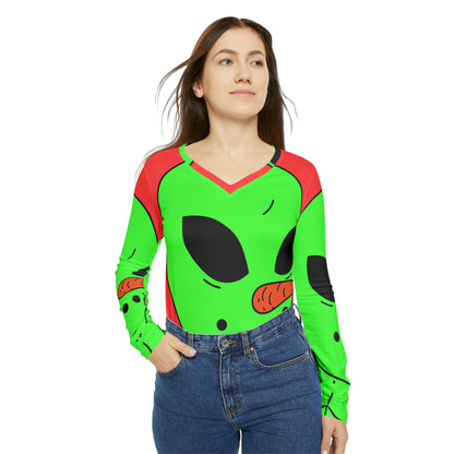 Veggie Visi Alien Vegetal Visitor Camisa Mujer Manga Larga Cuello Pico 