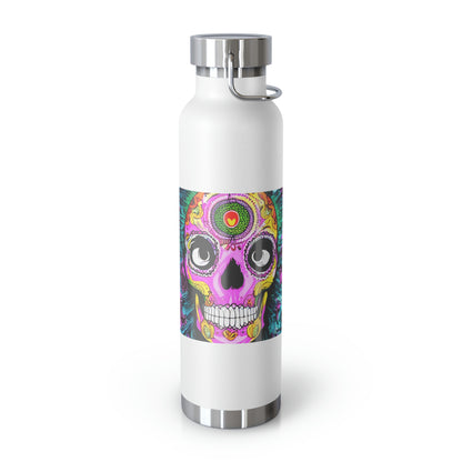 Botella aislada al vacío de cobre con cabeza de esqueleto de calavera psicodélica Trippy, 22oz