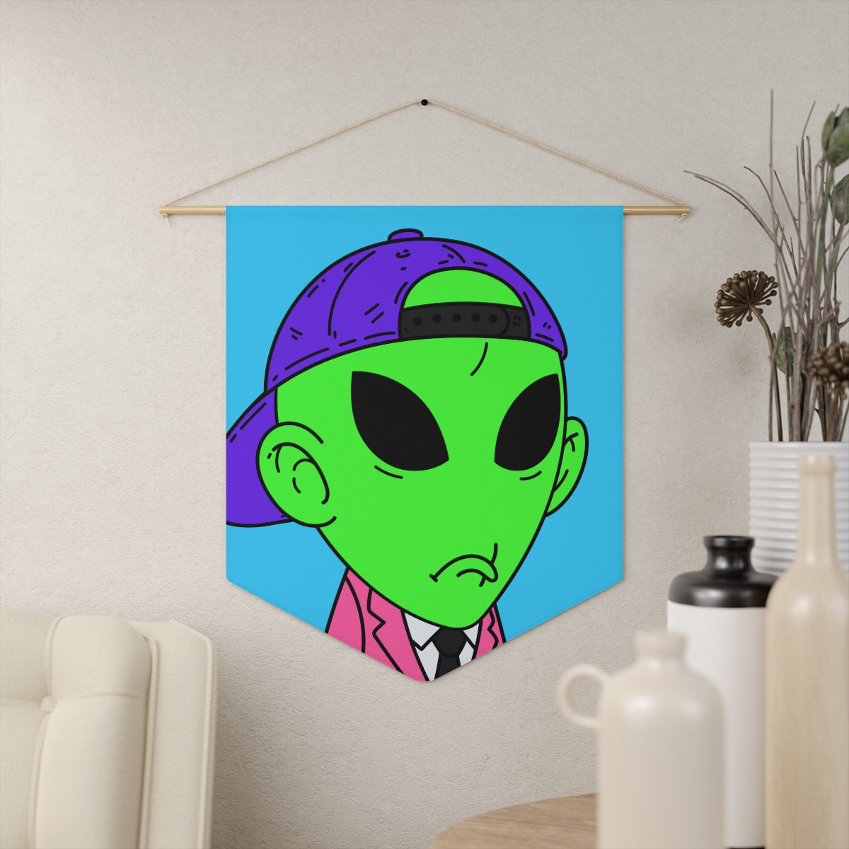 Pink Suit Small Ears Sad Face Purple Hat Green Visitor Pennant