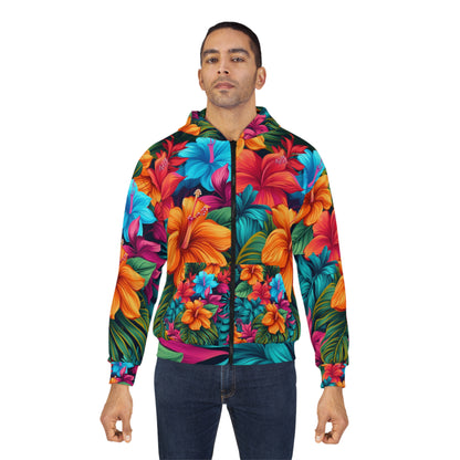 Sudadera con capucha y cremallera unisex con diseño de estampado floral tropical de inspiración hawaiana vibrante (AOP)