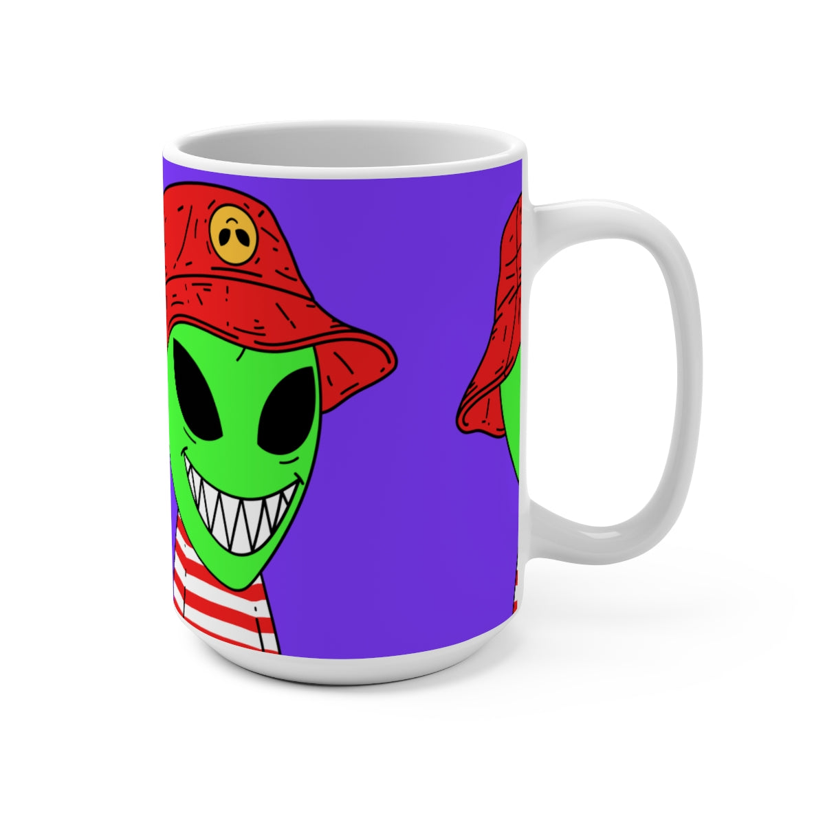 Alien Character Cartoon Red Hat Striped Shirt Big Smile Mug 15oz