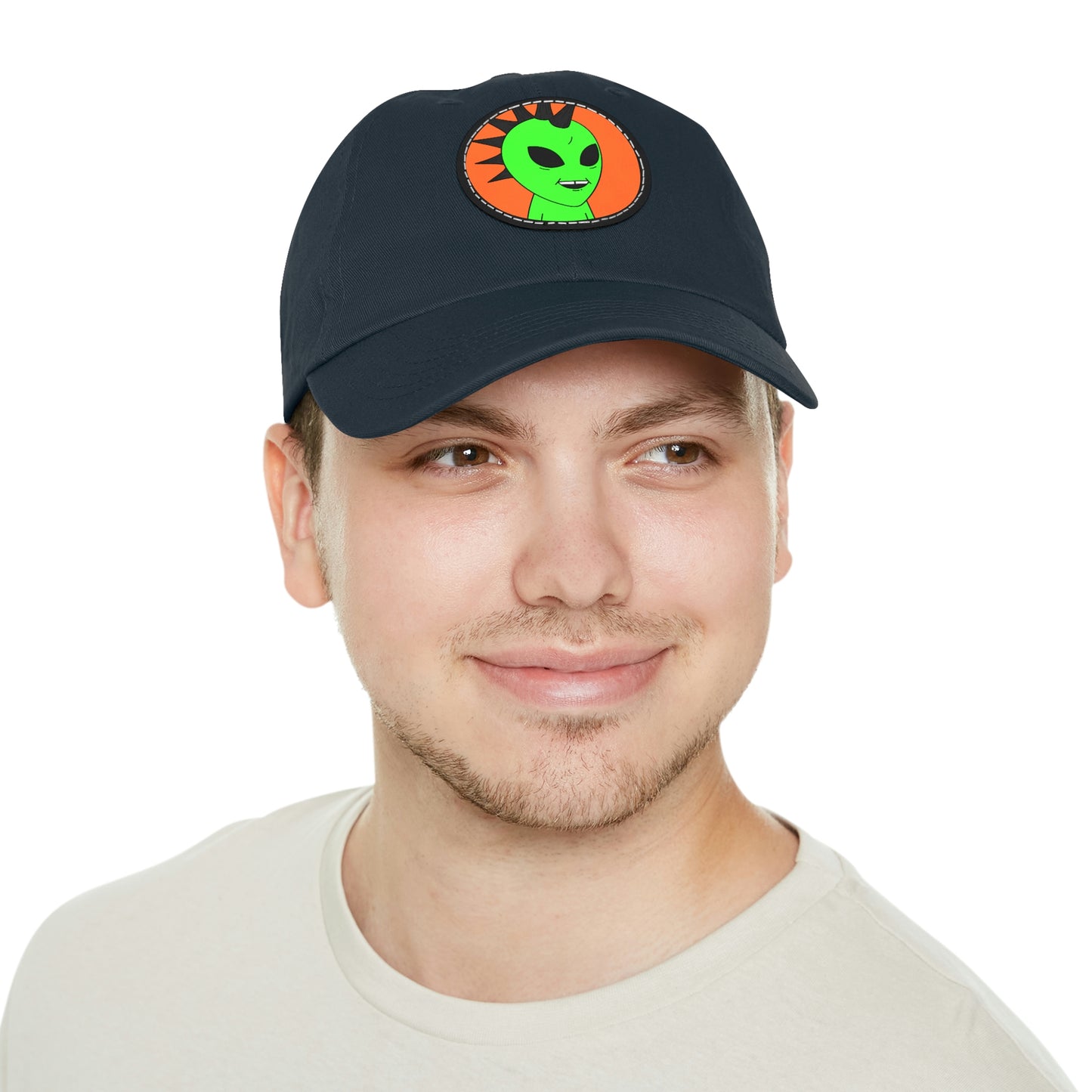 Black Hair Spiked Visitor Alien Dad Hat with Leather Patch (Round)