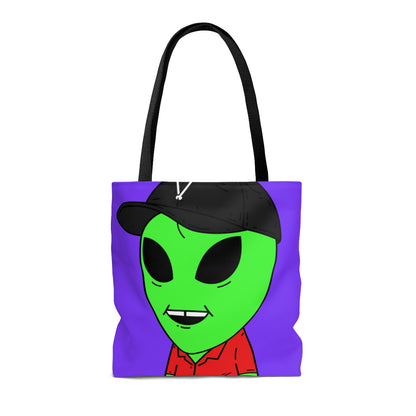 Missing Tooth Smile Red Collar Green Alien with Visitor V Black Hat AOP Tote Bag