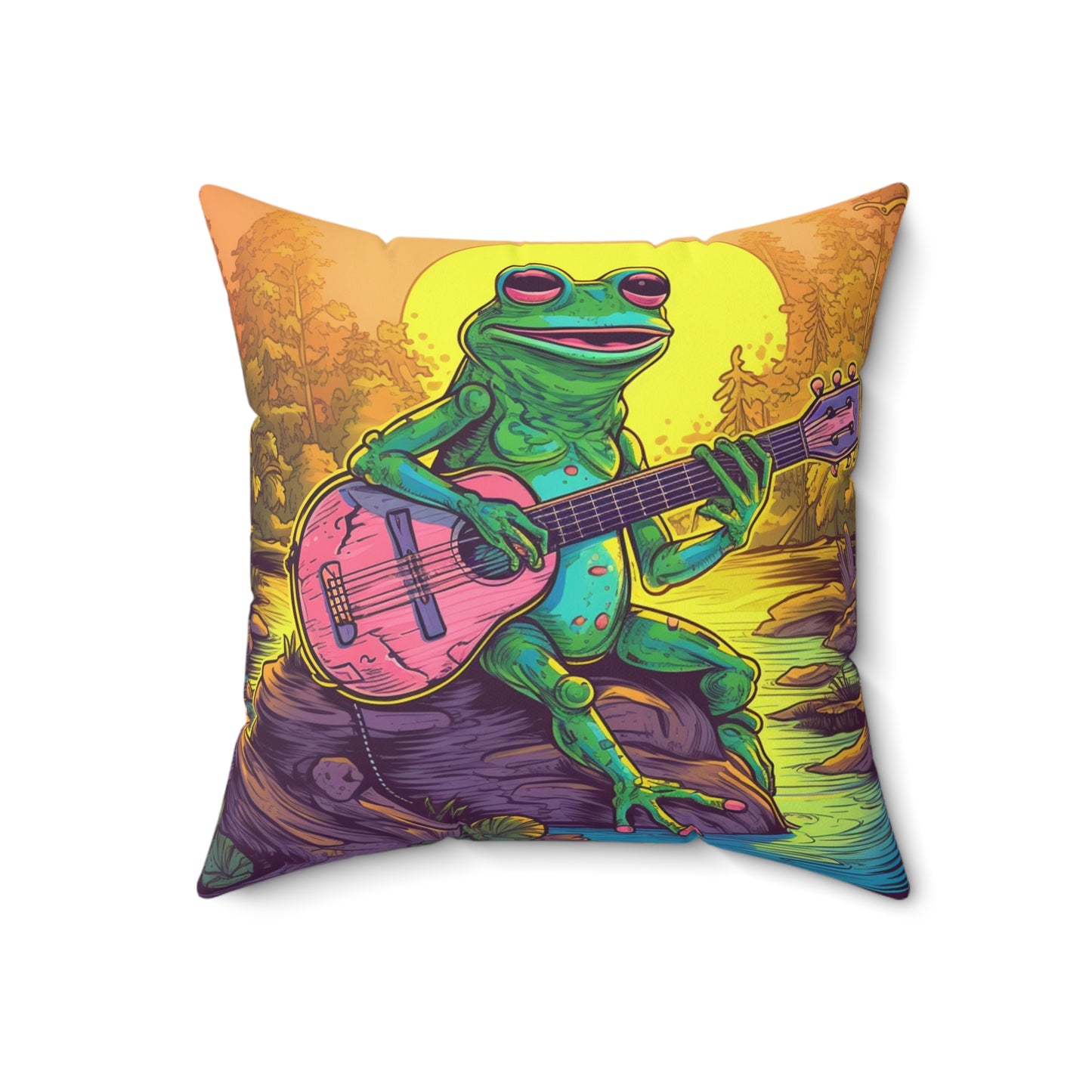 Pink Guitar Swamo Frog Outdoor Adventure Music Graphic Spun Polyester Square Pillow