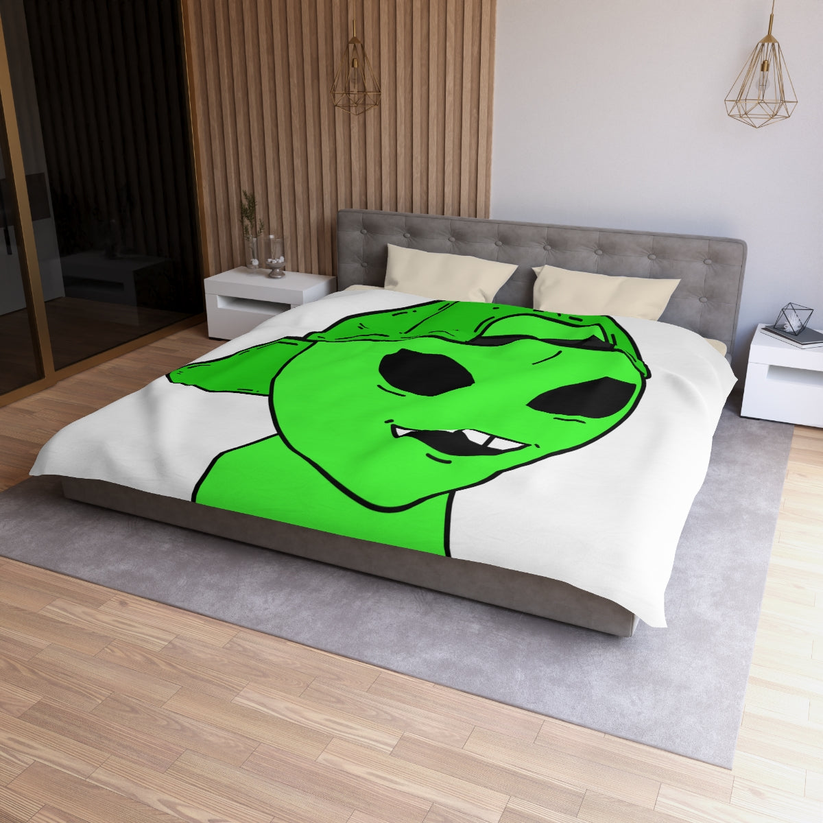 The Green Alien Visitor with Hat Microfiber Duvet Cover