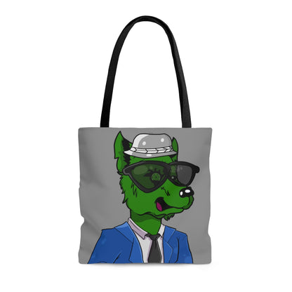 Cyborg Wolf Blue Suit Black Tie Green Wolve Fur Black Shades grey Fedora AOP Tote Bag