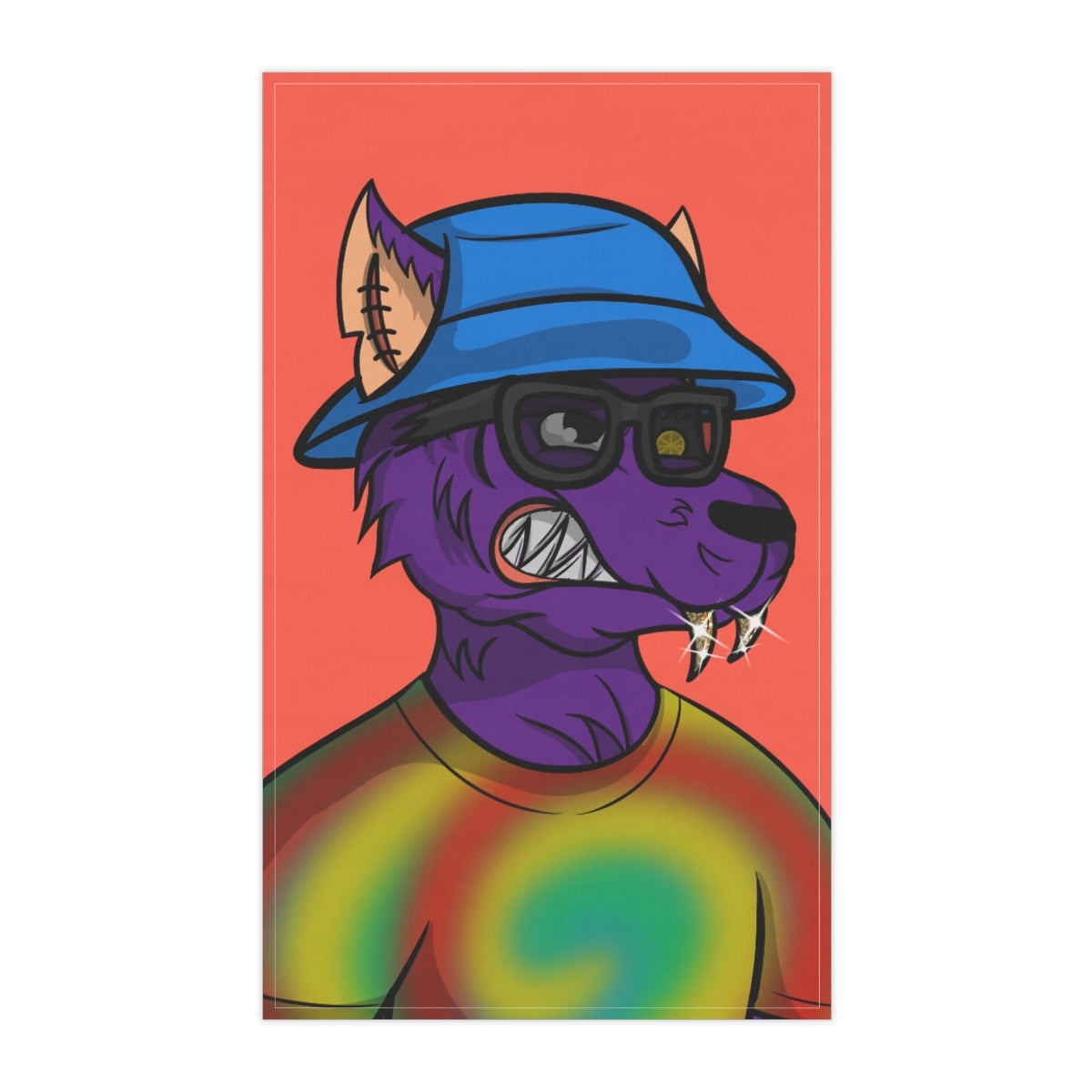 Wolf Cyborg Tie Dye Swirl Shirt Fange Teeth Blue Bucket Hat Purple Fur Tea Kitchen Towel