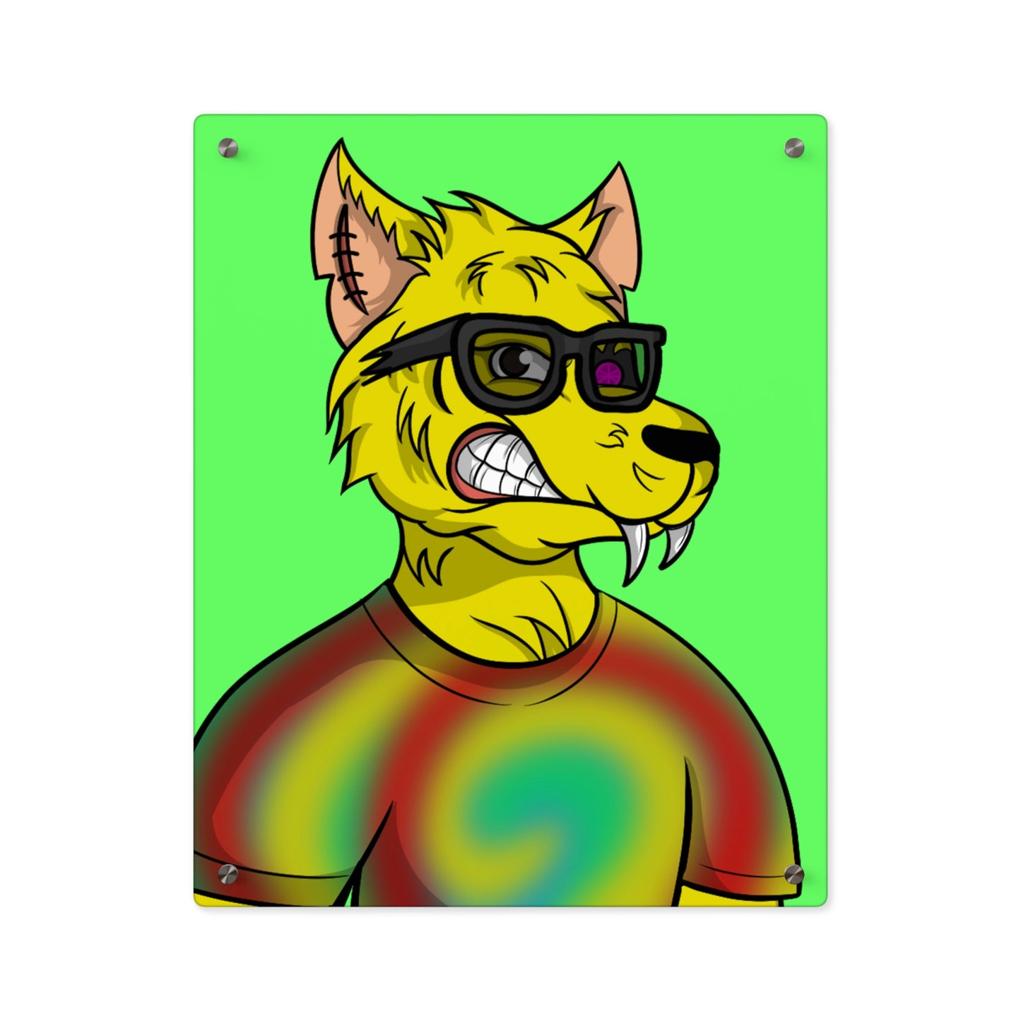 Wolve Cyborg Tie Dye Wolf Shirt Yellow Fur Cool Sun Glasses Acrylic Wall Art Panels