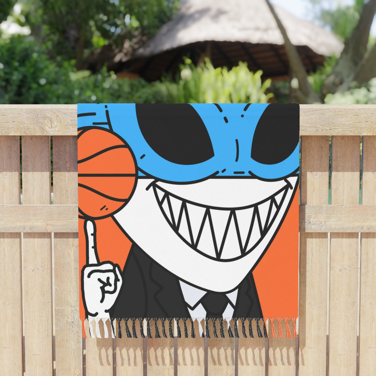 Alien BBall Sport Ninja Mask Big Smile Teeth Game Player Naranja Baloncesto Boho Beach Cloth