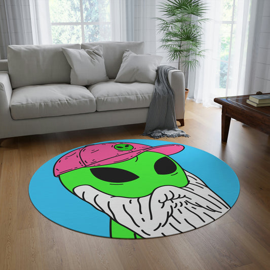 Bearded Green Visitor Pink Alien Hat Cartoon Comic Round Rug - Visitor751