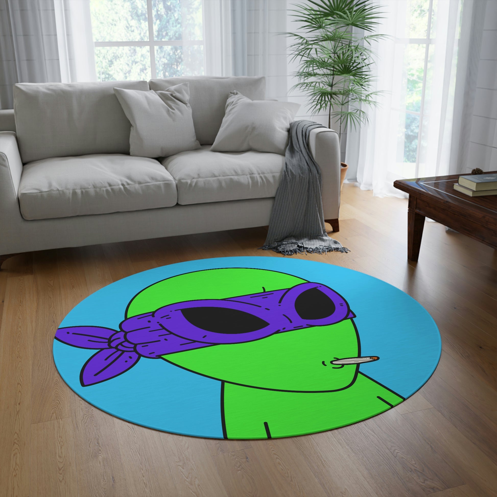 White Whistle Mouth Green Visitor Purple Ninja Mask Alien Round Rug - Visitor751