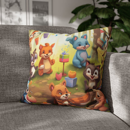 Nursery Art - Cartoon Forest Animals Party Design Spun Polyester Square Pillow Case