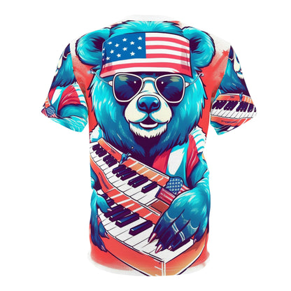 Keys of Patriotism: Piano Player Patriotic Bear's 4th of July Musical Celebration Unisex Cut & Sew Tee (AOP)