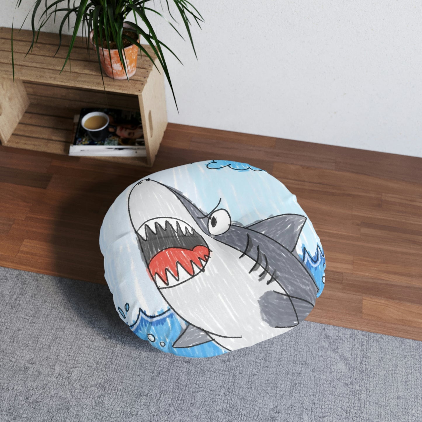 Shark Jaw Teeth Attack Ocean Sea Creature Tufted Floor Pillow, Round