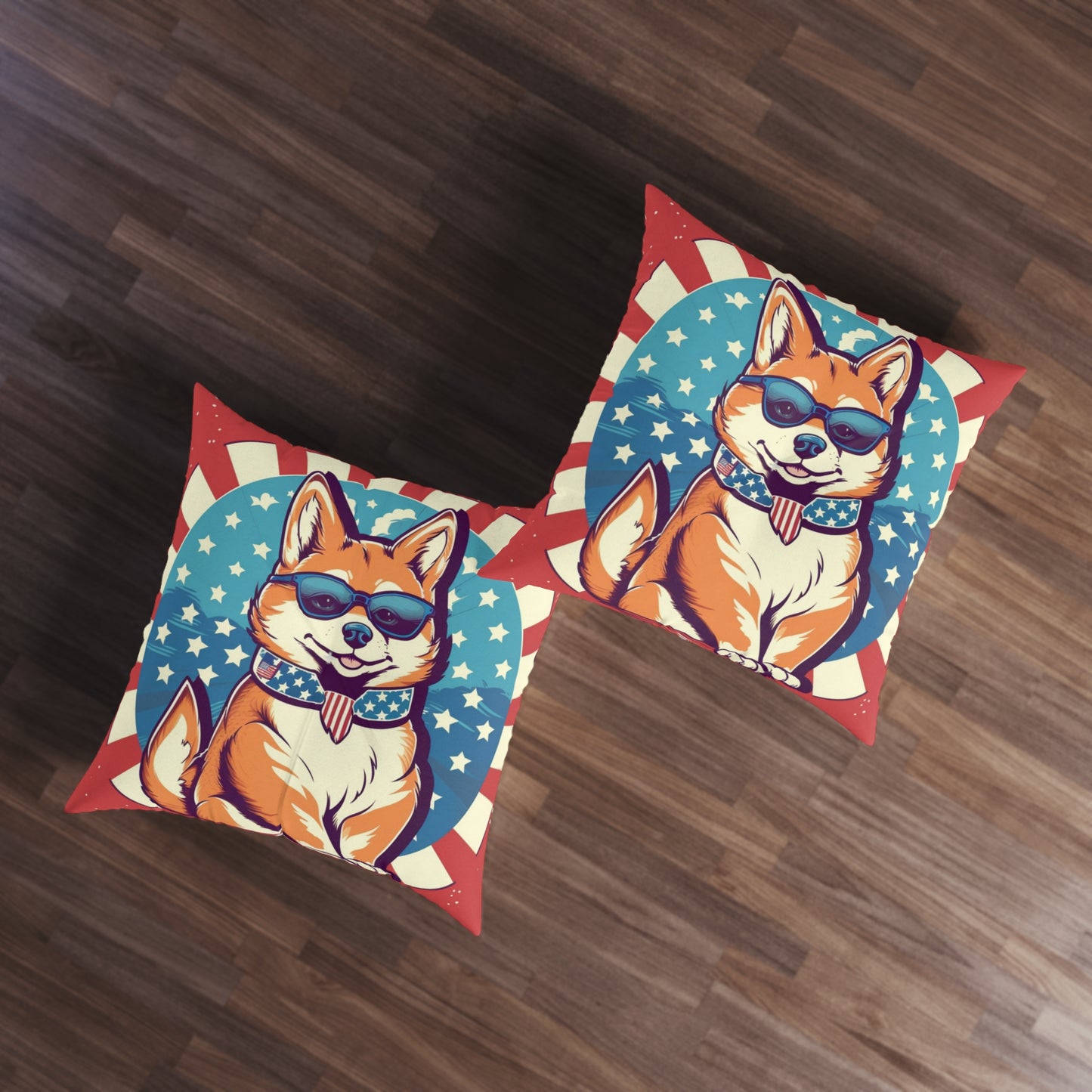 Patriotic Shiba Inu Retro Cartoon -Synthwave Summer Animation Tufted Floor Pillow, Square