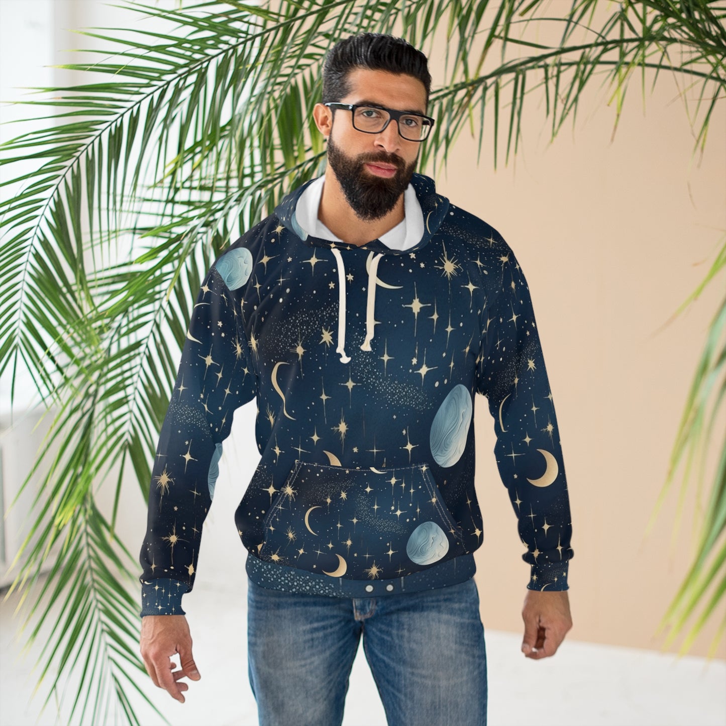 Dreamy Night Sky Celestial Stars Moons Pattern Design Sudadera con capucha unisex (AOP)