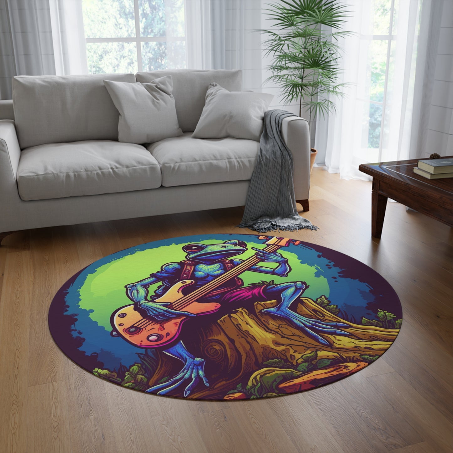 Frog Log Retro Graphic Trippy Musician Instrument Guitar Player Round Rug