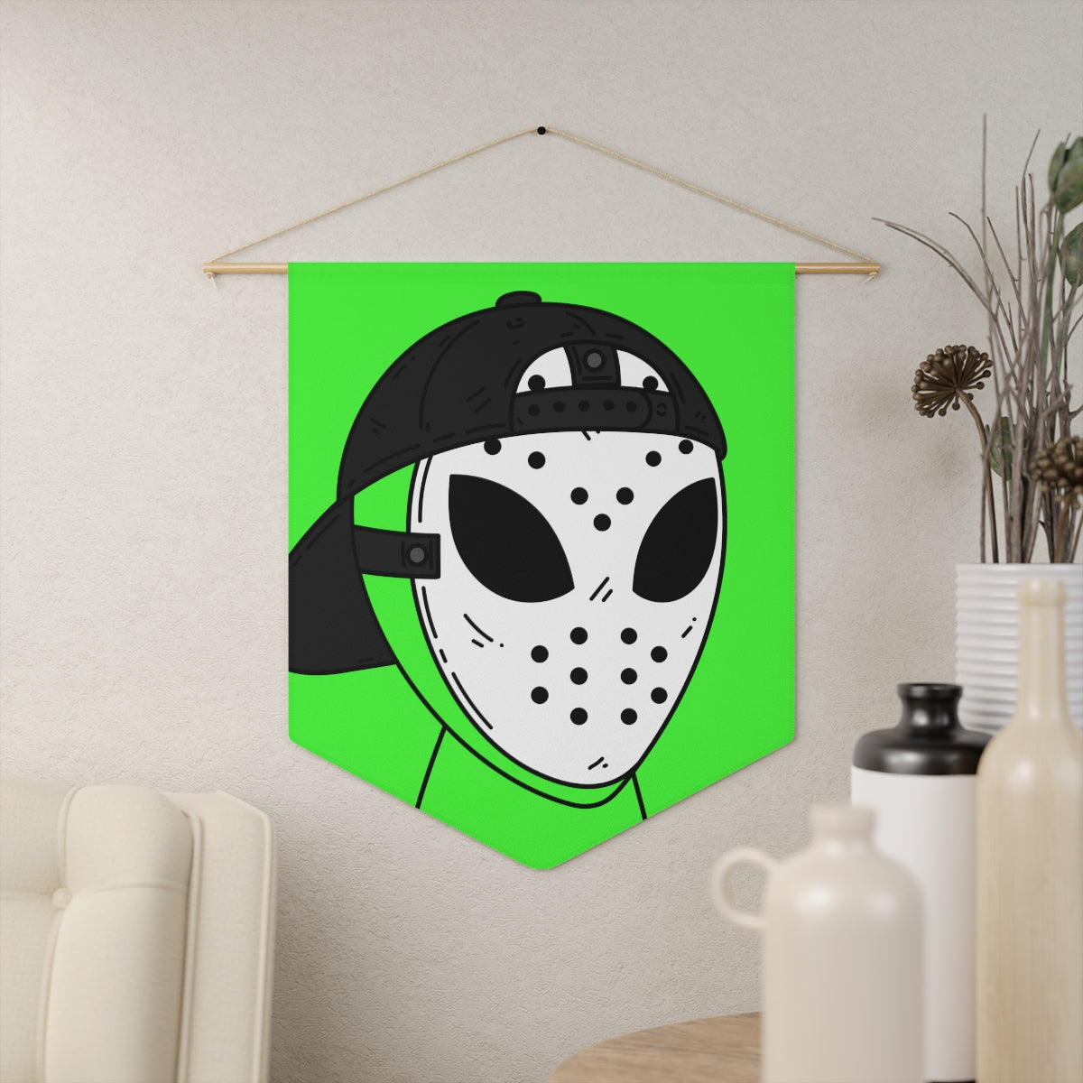 White Hockey Mask Green Alien Visitor Pennant