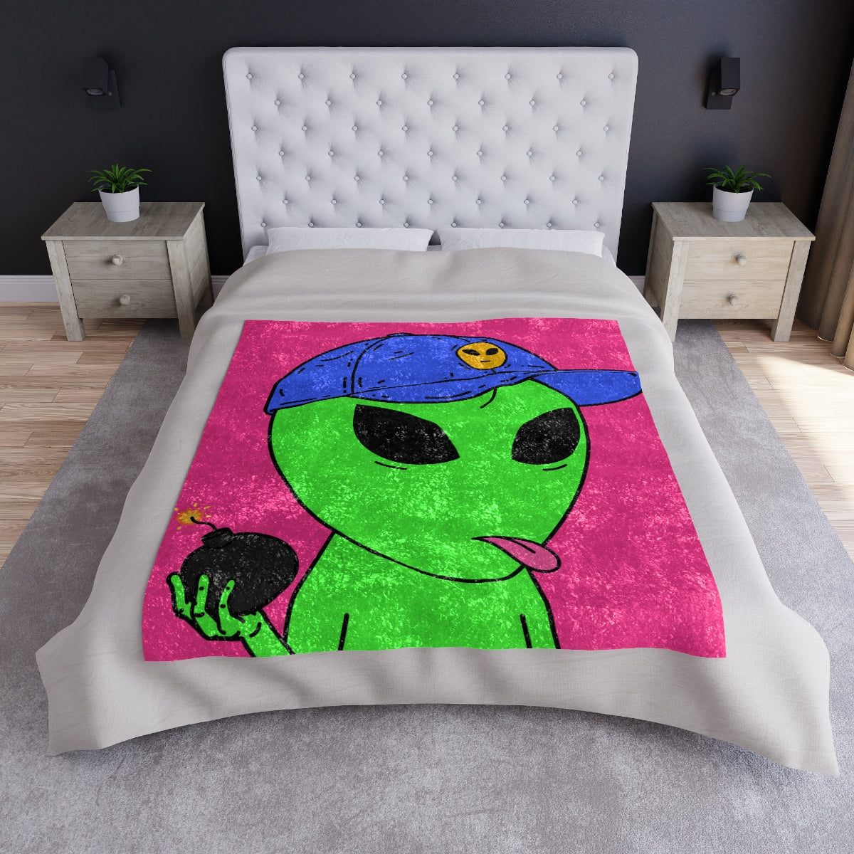 Green Alien Bomb Wield Hand Blue Visi Hat Visitor Crushed Velvet Blanket - Visitor751