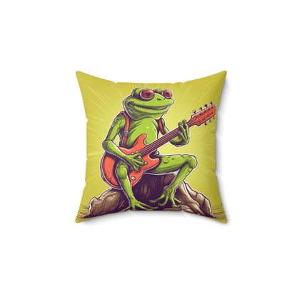 Rock Star Frog ontop Log Guitarist Graphic Instrumental Spun Polyester Square Pillow