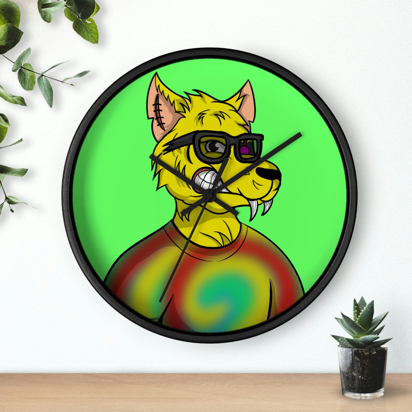 Wolve Cyborg Tie Dye Wolf Shirt Yellow Fur Cool Sun Glasses Wall clock