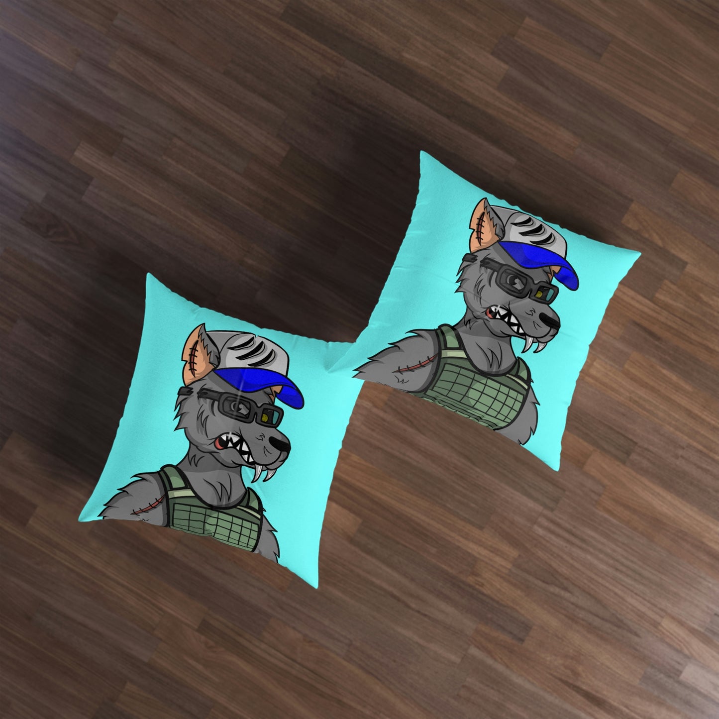 Army Vest Werewolve Cyborg Wolf Tufted Floor Pillow, Square