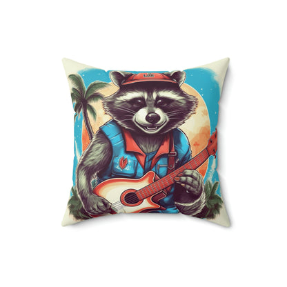 Ukulele Playing Raccoon - Furry Animal Music Island Art Spun Polyester Square Pillow