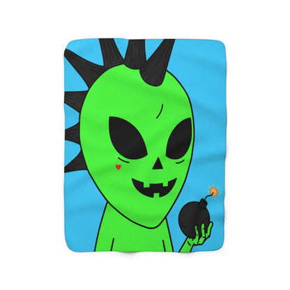 Green Alien Black Spiked Hair Pumkin Face Bomb Visitor Sherpa Fleece Blanket