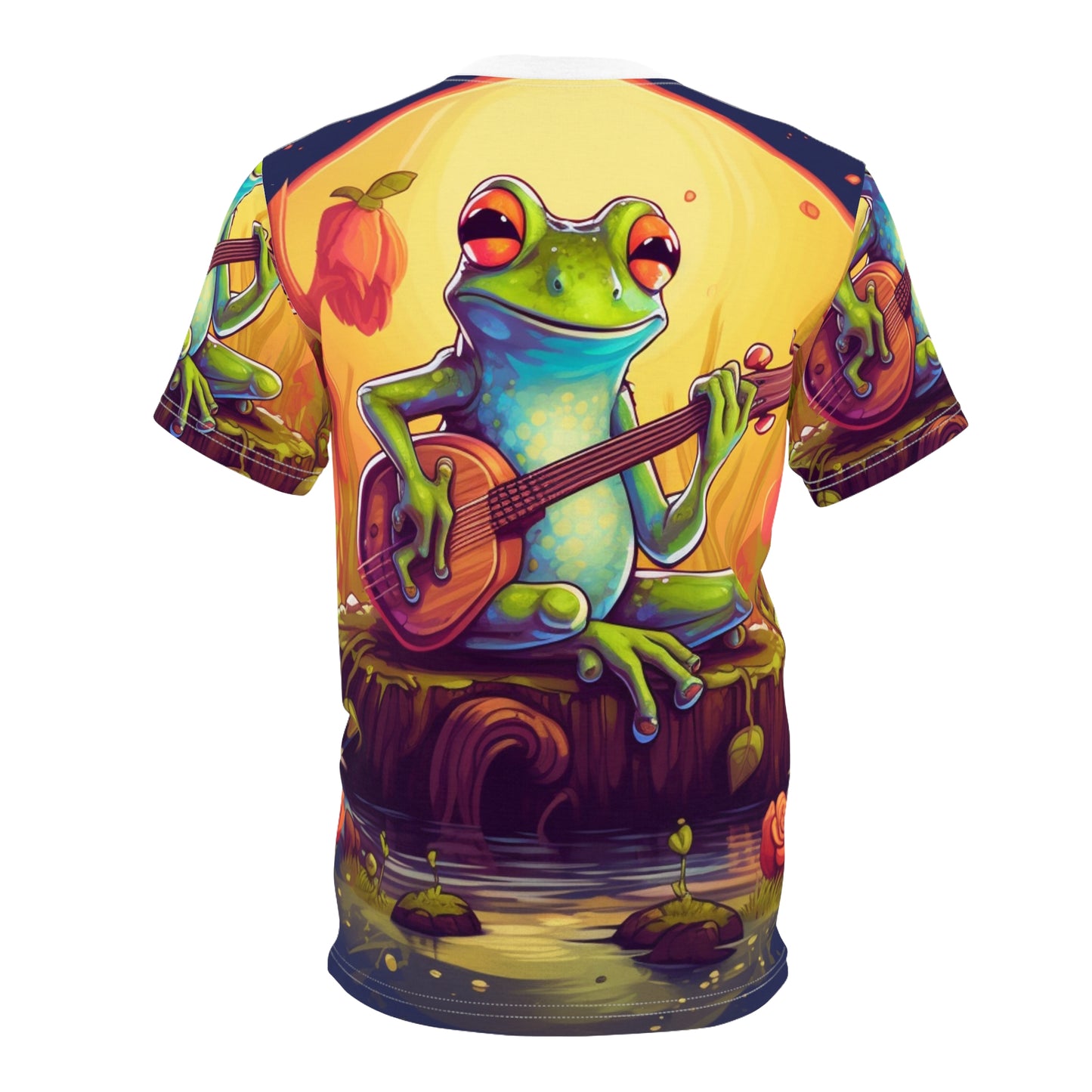 Log Frog tocando instrumento afinar música al aire libre pantano gráfico unisex cortar y coser camiseta (AOP) 