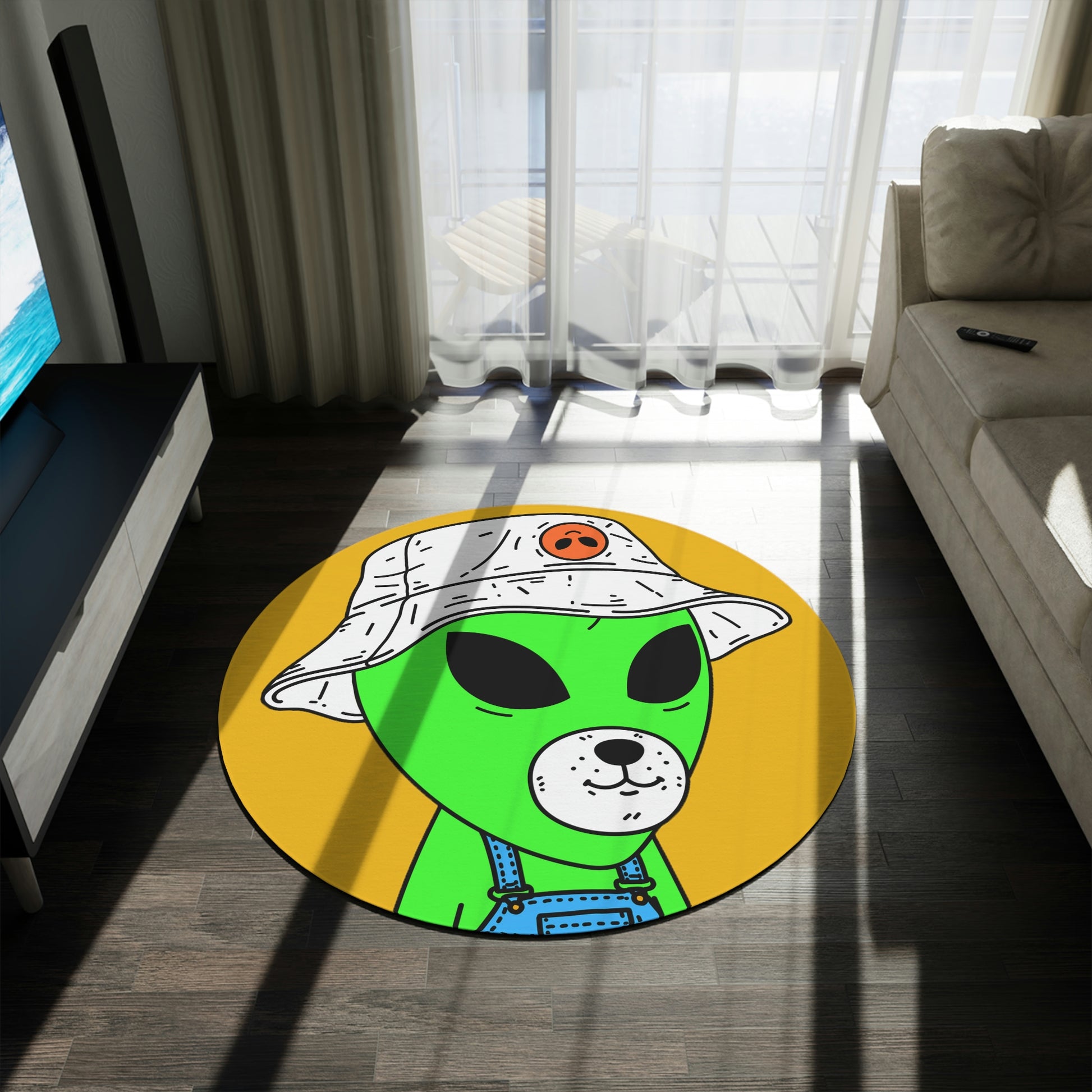 Green Dog Face Visitor Alien Hat Farmer Trousers Round Rug - Visitor751
