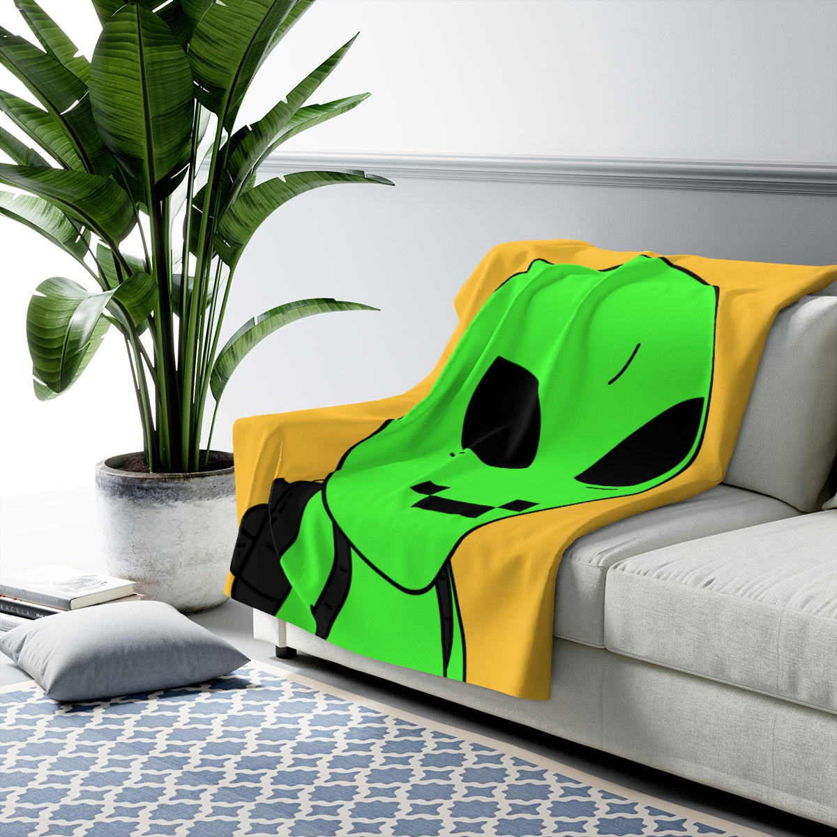 Green Alien Visitor Digital Face Black Backpack Sherpa Fleece Blanket