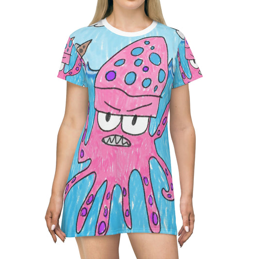 Vestido camiseta con estampado integral y gráfico limpio del pulpo Kraken