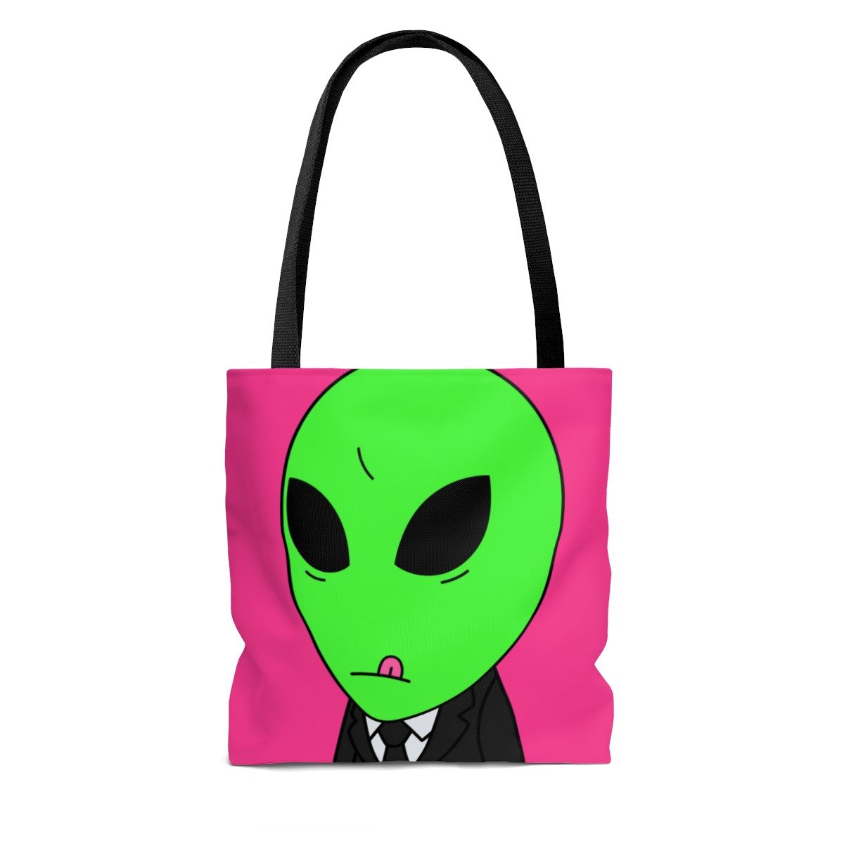 Green Apple Head Tongue Out Black Business Suit Visitor AOP Tote Bag