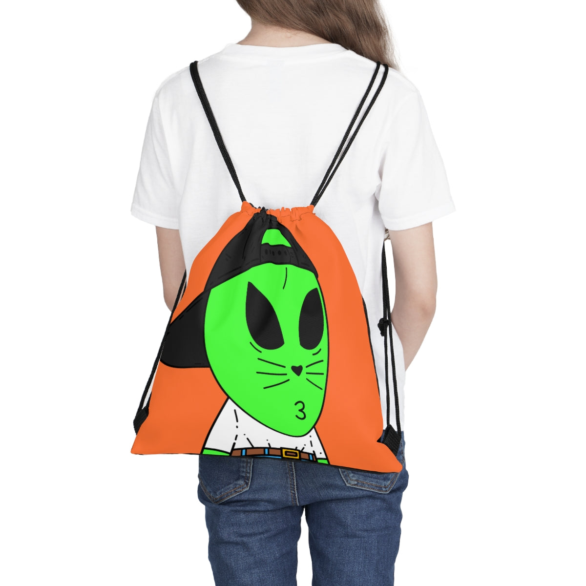 Cat Whiskers Visitor Green Alien Heart Nose Black Cap Outdoor Drawstring Bag