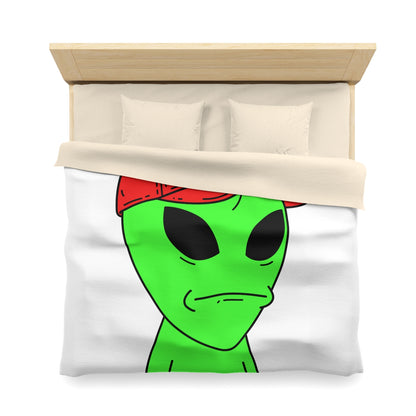 Green Visitor Alien Large Face Red V Hat Microfiber Duvet Cover