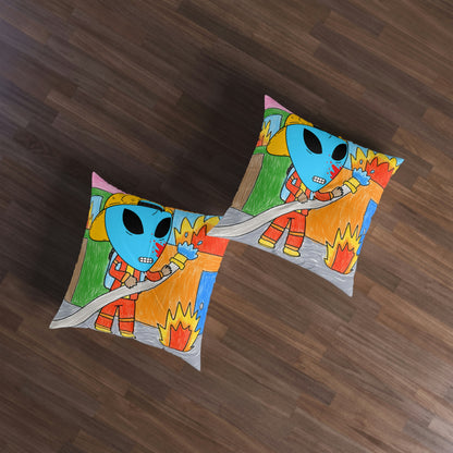 Fireman Fire Fighter Alien Blue Blood Visitor Hero Tufted Floor Pillow, Square