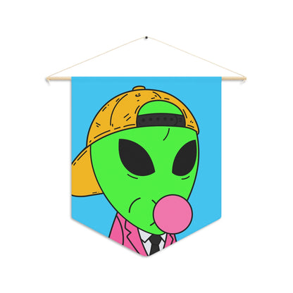 Pink Suit Bubble Gum Visitor Green Alien with Yellow Cap Pennant